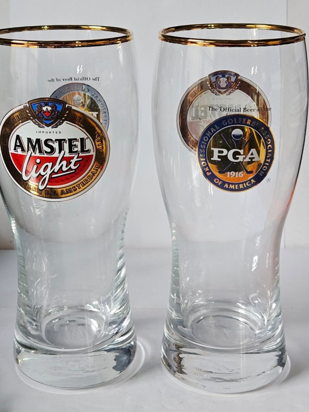 Amstel Light PGA Beer Glasses Set of 2 Gold Rim 16oz Pilsner Pint Branded Promo